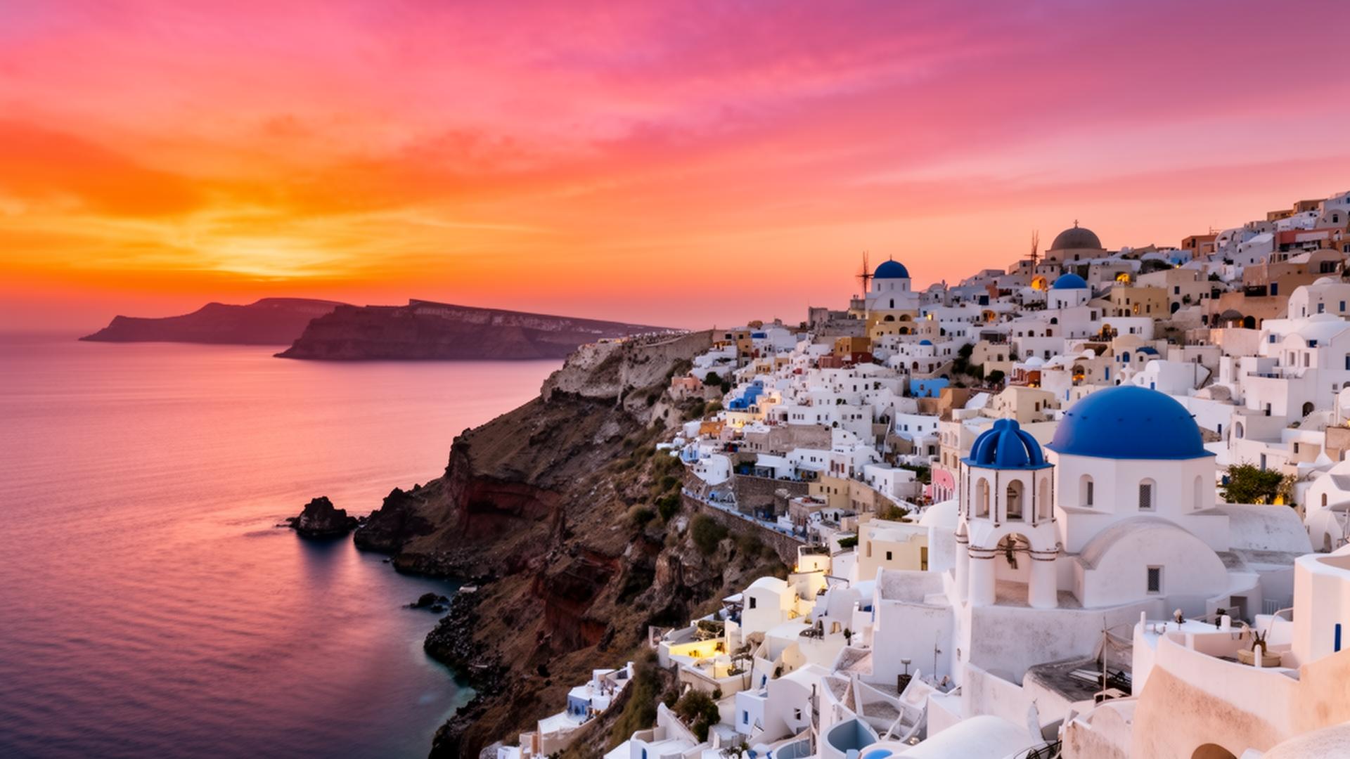 Santorini Oia blue domes at sunset — Greece island hopping itinerary Viajandro