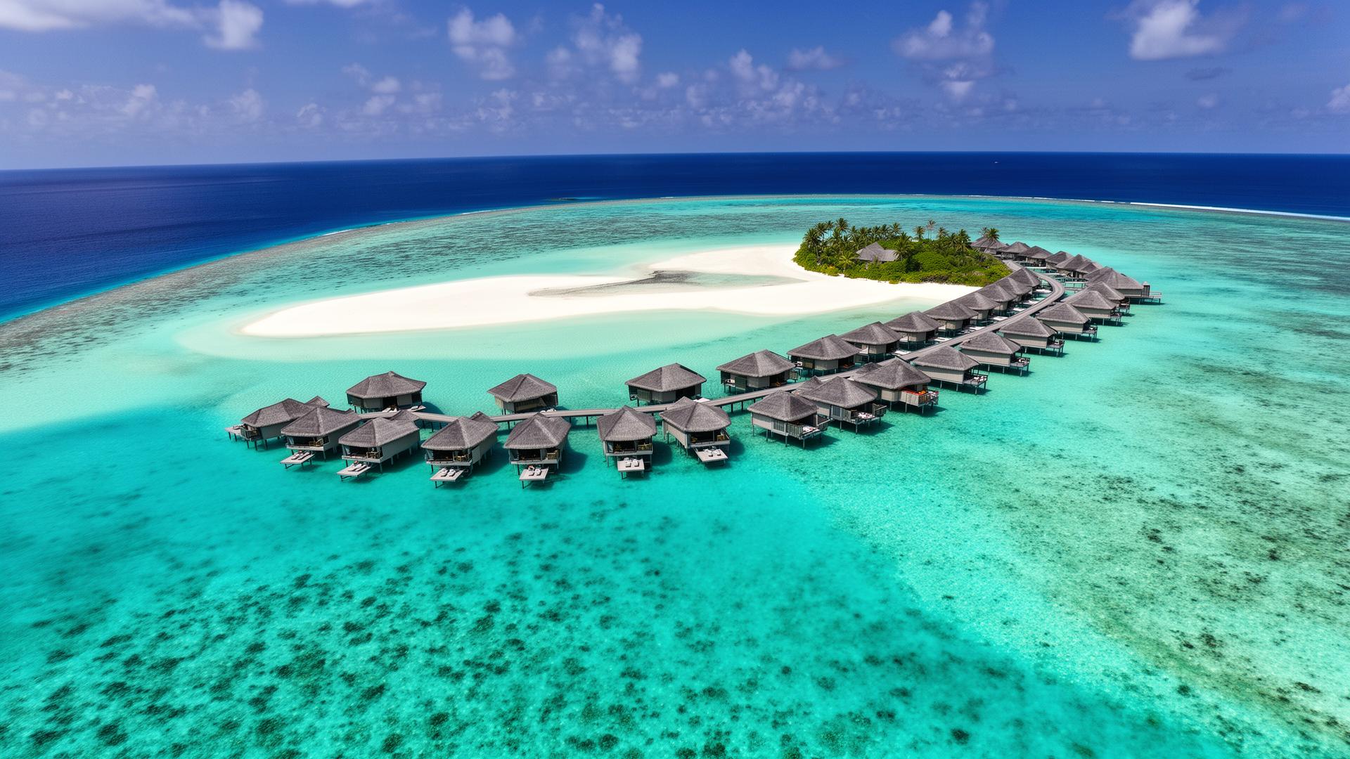 Bungalow sobre el agua en laguna turquesa de Maldivas al amanecer — itinerario luna de miel Maldivas